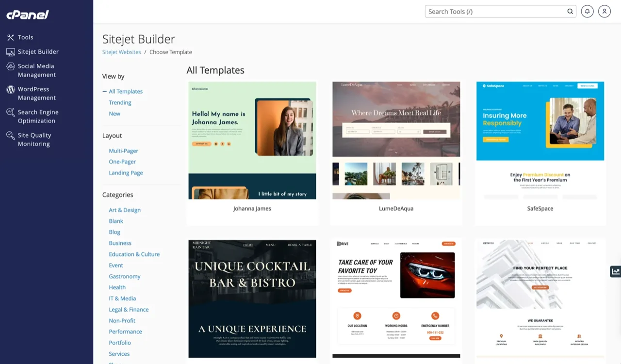 Sitejet Builder open inside cPanel, showing the template gallery
